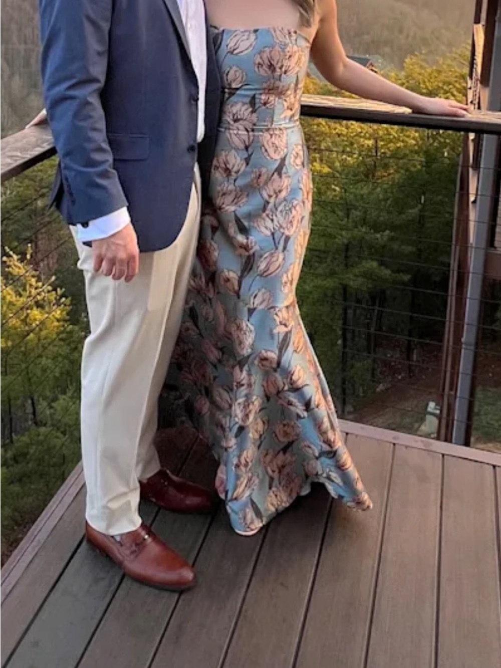 Lulu's Strapless Floral Jacquard Gown in Light Blue and Cream - Picture 4 of 5